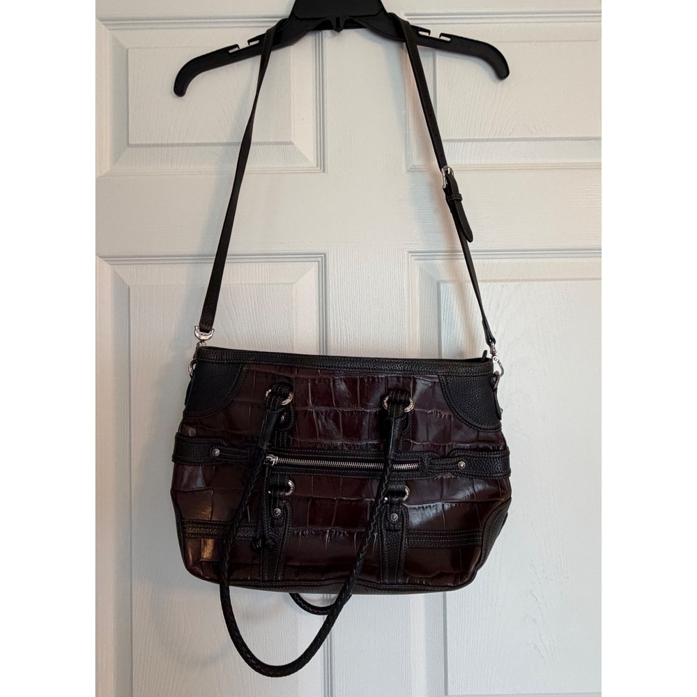 Brighton Croc Embossed Leather Shoulder Bag Mahogany Black Crossbody D584080